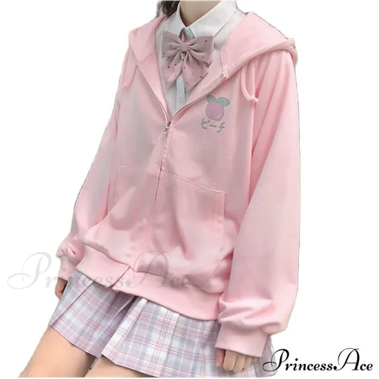 Plus Hoodie Design Women Fruit Sweatshirt Harajuku Loose Thin Zipper Sweet Pink Pocket Cute Size