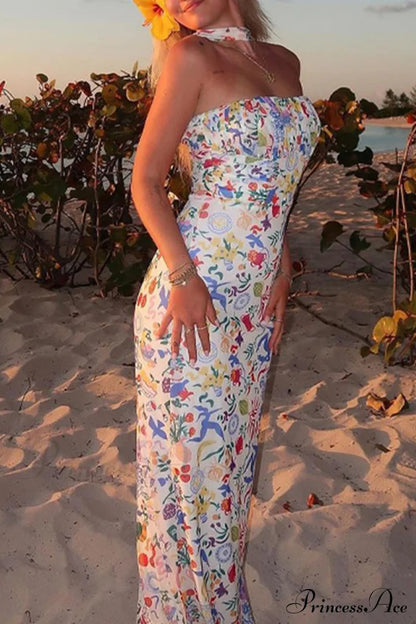 Print Halter Backless Dress In Multicolor White / S Midi Dresses