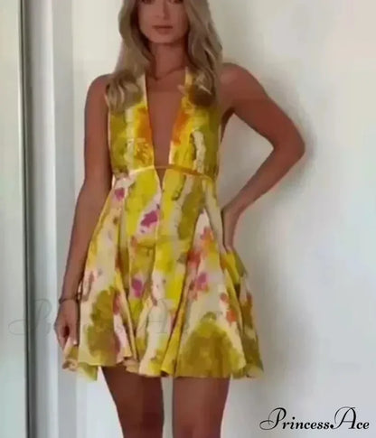 Print Halter Open Back Graceful Sleeveless V Neck Mini Dress