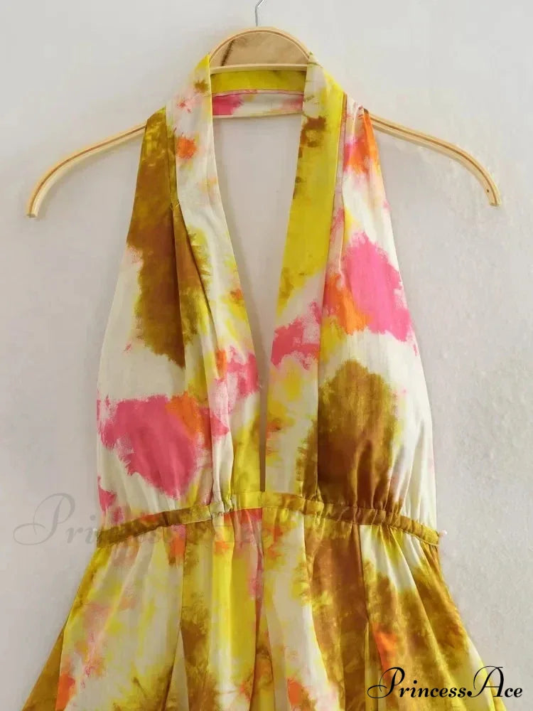 Print Halter Open Back Graceful Sleeveless V Neck Mini Dress