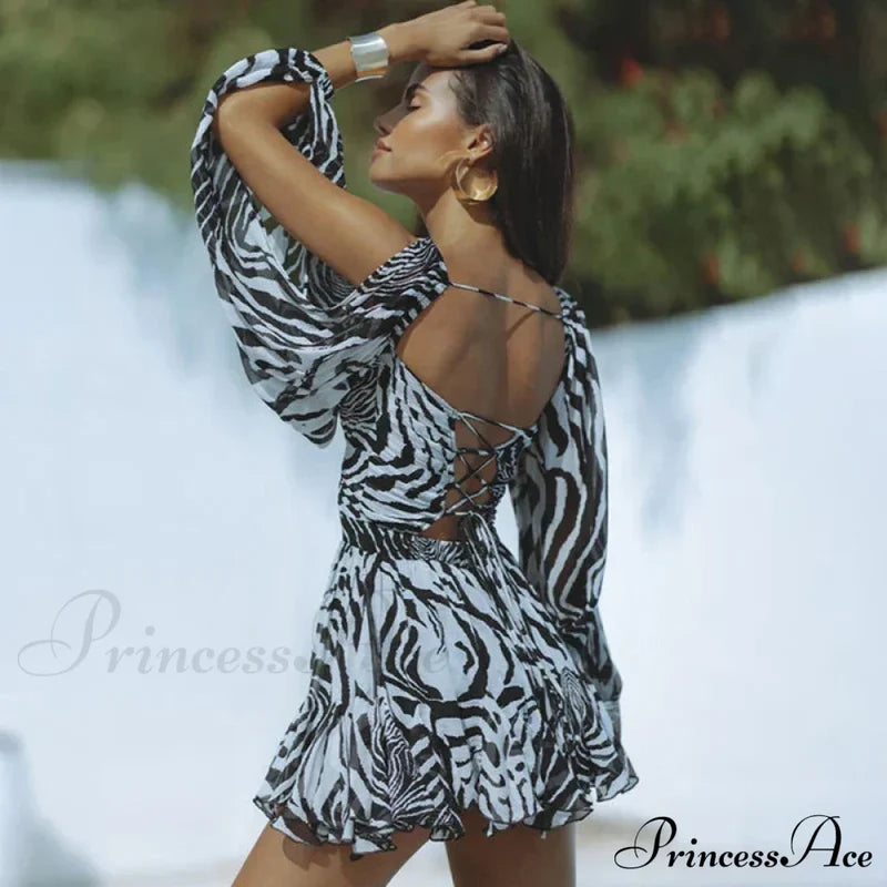 Printed Long Slit Charming Sleeve Mini Dress Mesh Short