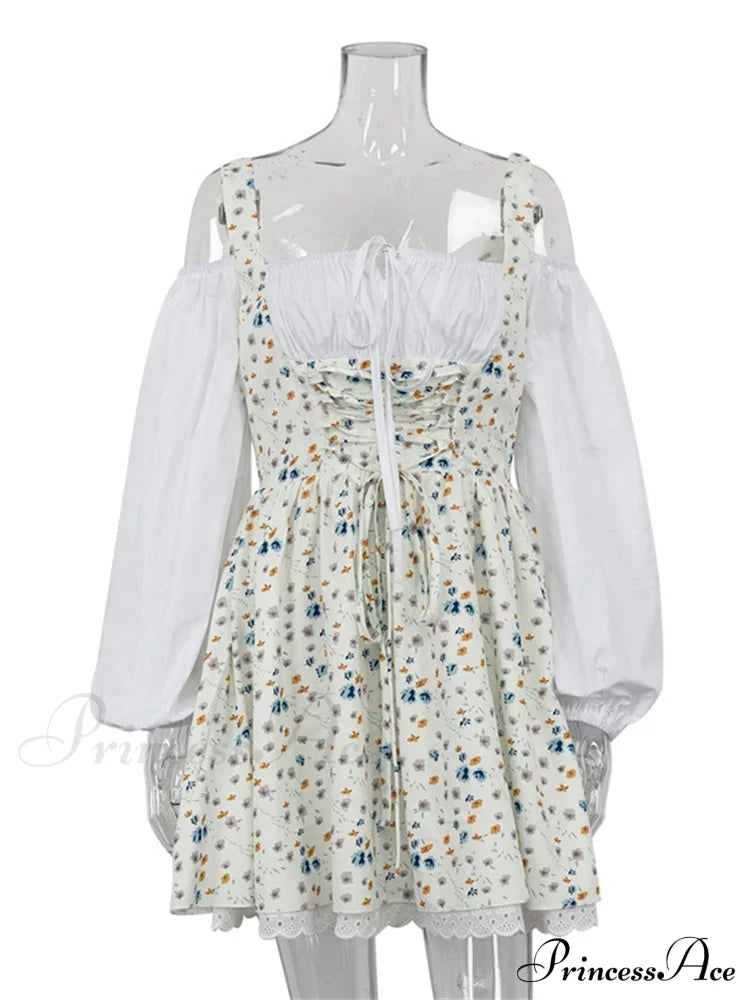 Printed Off-Shoulder Lantern Charming Sleeve Flare Mini Dress