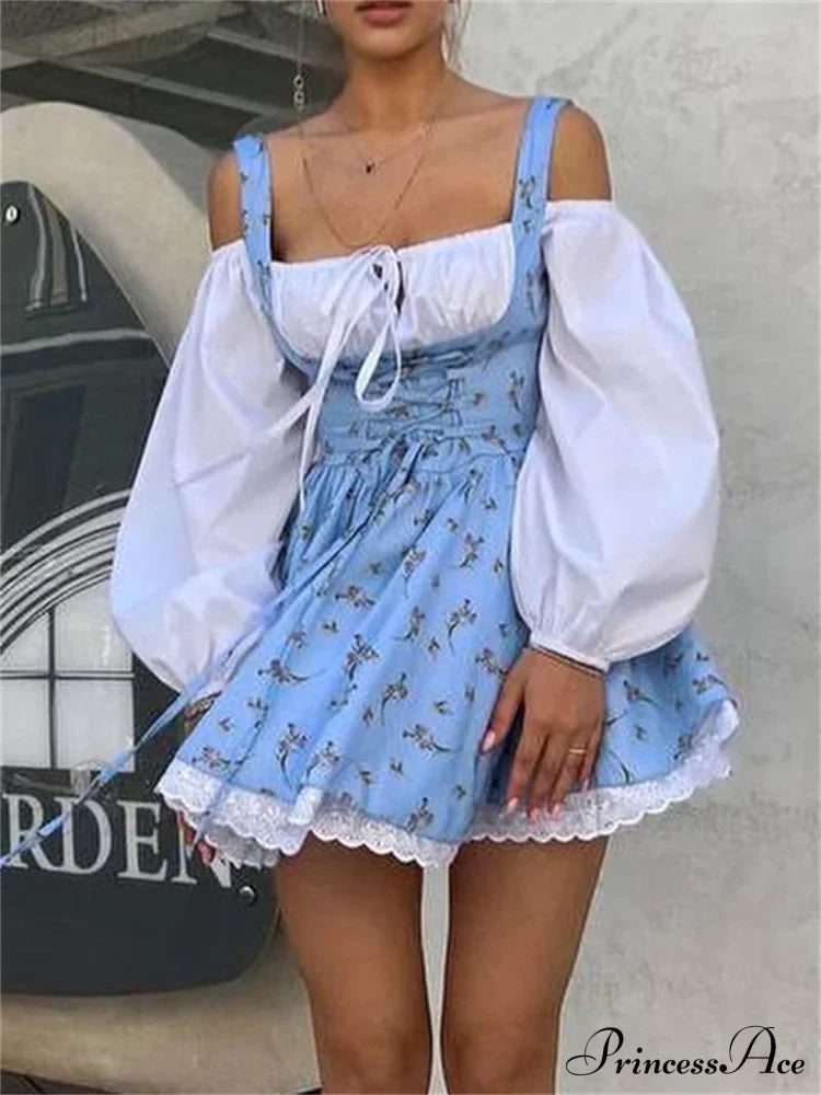 Printed Off-Shoulder Lantern Charming Sleeve Flare Mini Dress