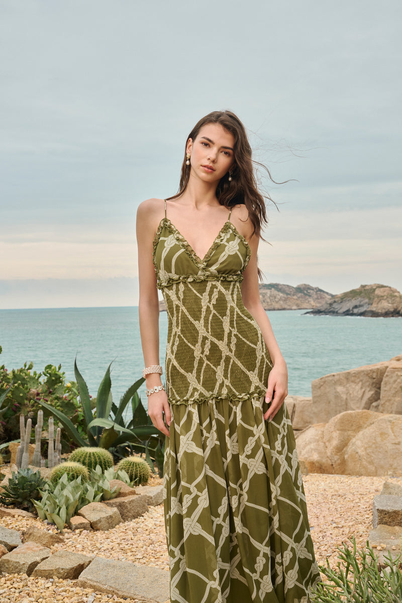 Printed smocked maxi dress
