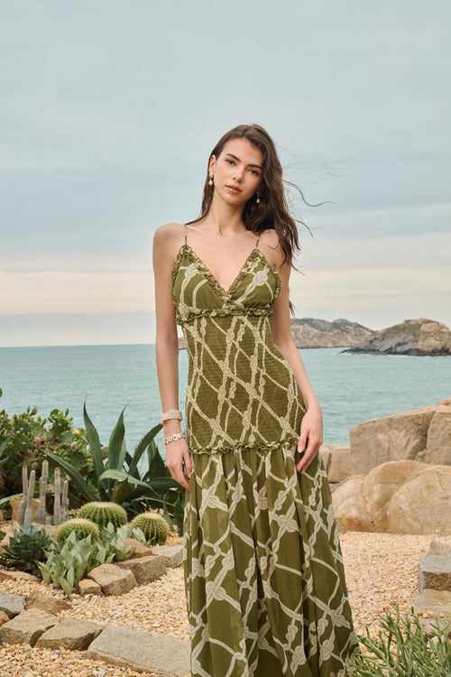 Printed smocked maxi dress