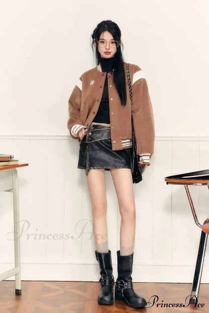 Pu Leather High Waist A-Line Trendy Zipper Design Belted Mini Skirt