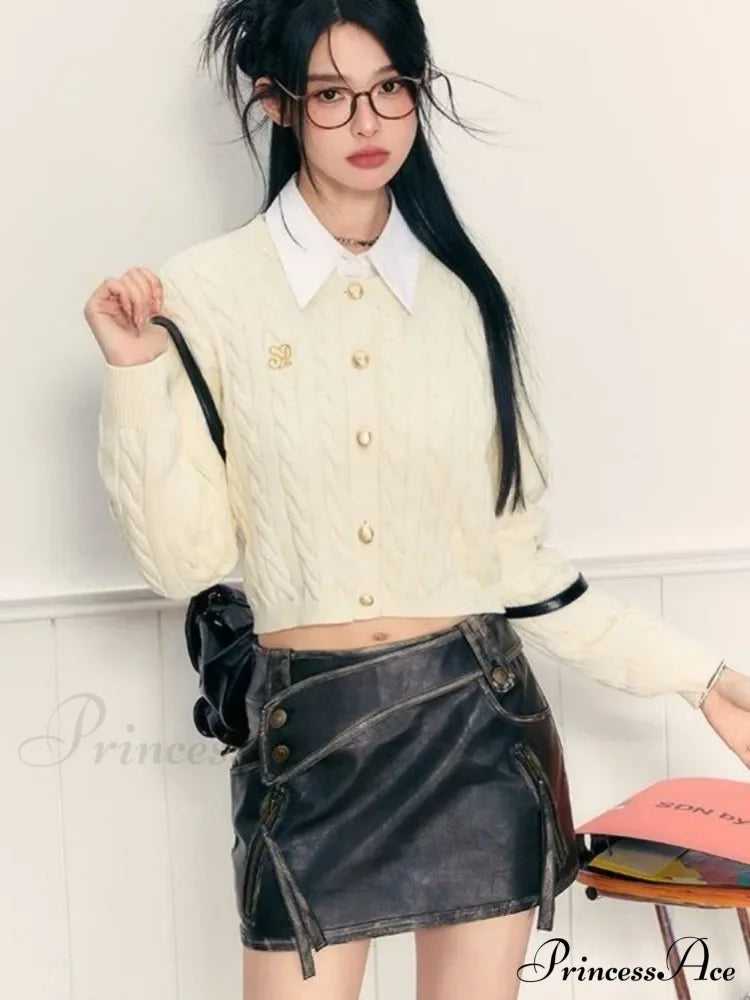 Pu Leather High Waist A-Line Trendy Zipper Design Belted Mini Skirt