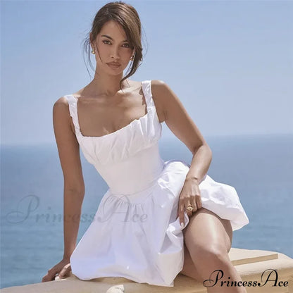 Puff Flare Square Charming Neck Strap Mini Dress Solid