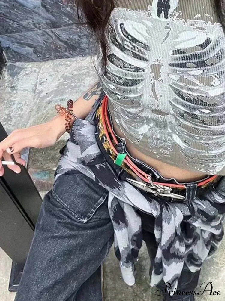 Punk Aesthetic Cyber Retro X-Ray Skeleton Print Sleeveless Vest Armygreen Crop Designer Clothes