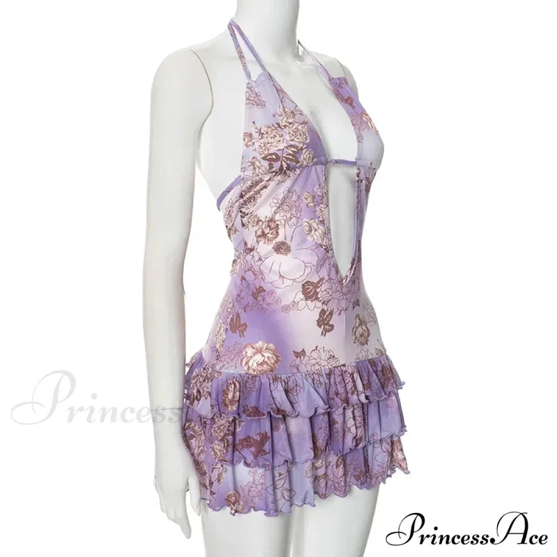 Purple Printed Deep Neck Graceful Frill Mini Strap Dress Floral Print