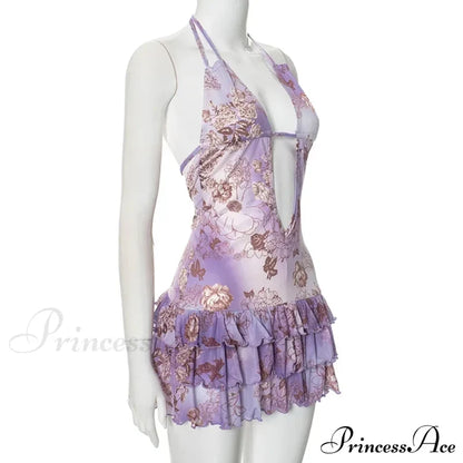 Purple Printed Deep Neck Graceful Frill Mini Strap Dress Floral Print