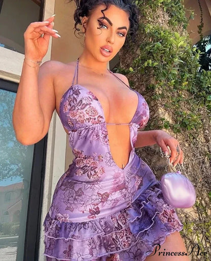 Purple Printed Deep Neck Graceful Frill Mini Strap Dress Floral Print