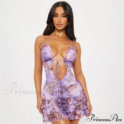Purple Printed Deep Neck Graceful Frill Mini Strap Dress Floral Print