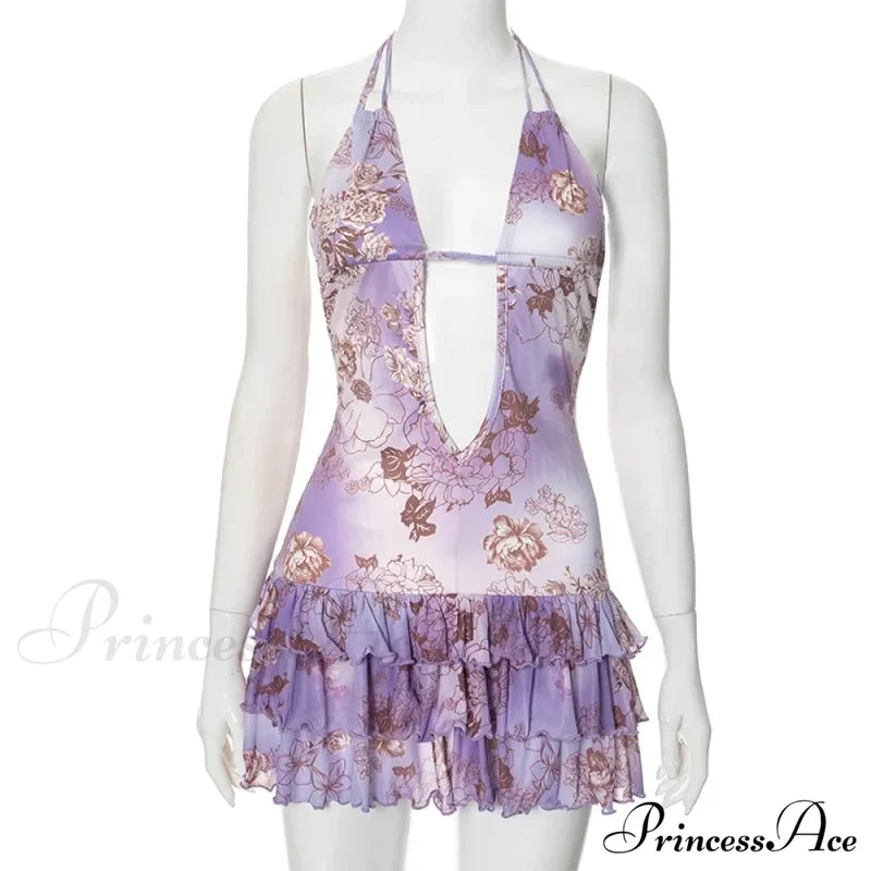Purple Printed Deep Neck Graceful Frill Mini Strap Dress Floral Print