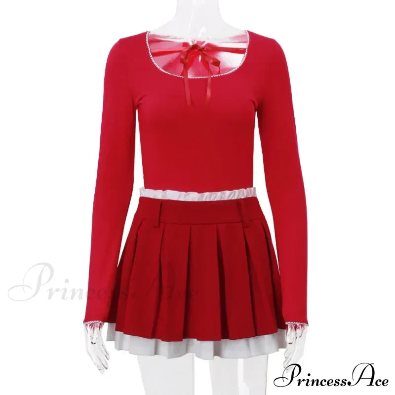 Red Long Sleeve Top Graceful And Pleated Mini Skirt Set