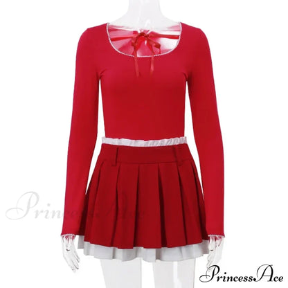 Red Long Sleeve Top Graceful And Pleated Mini Skirt Set