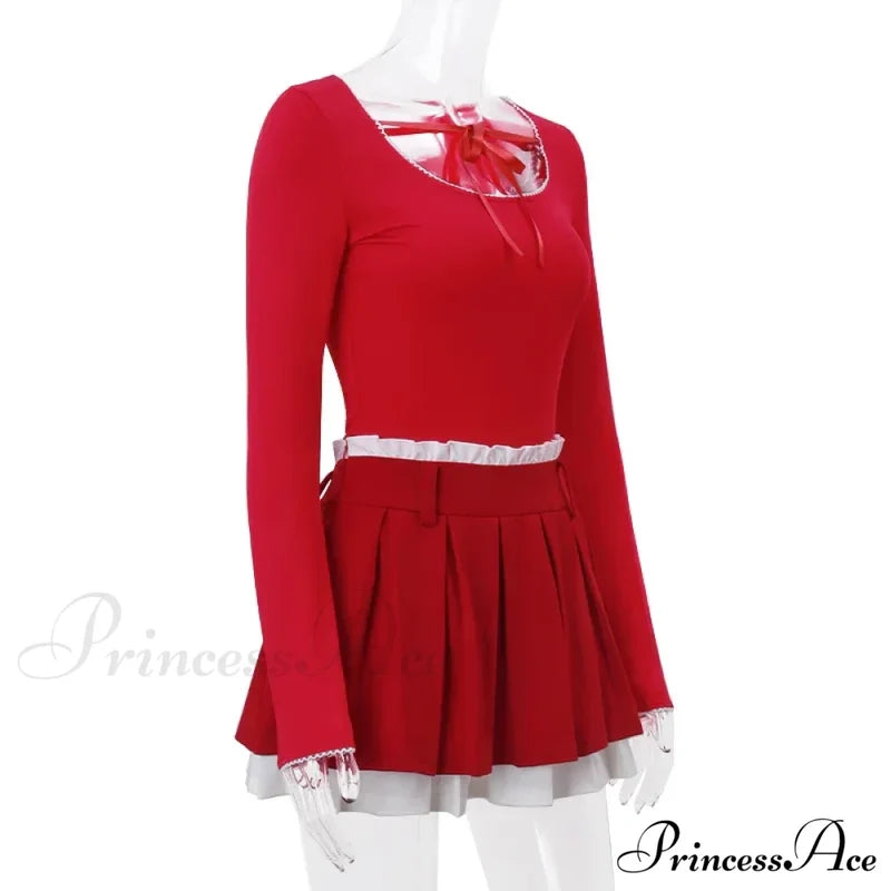 Red Long Sleeve Top Graceful And Pleated Mini Skirt Set