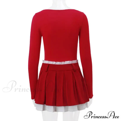 Red Long Sleeve Top Graceful And Pleated Mini Skirt Set