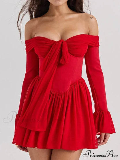 Red Off-Shoulder Stylish Frill Mini Dress