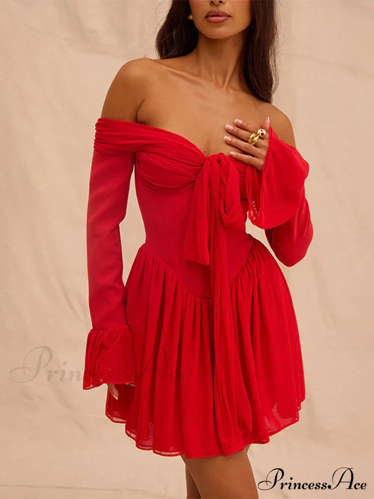 Red Off-Shoulder Stylish Frill Mini Dress