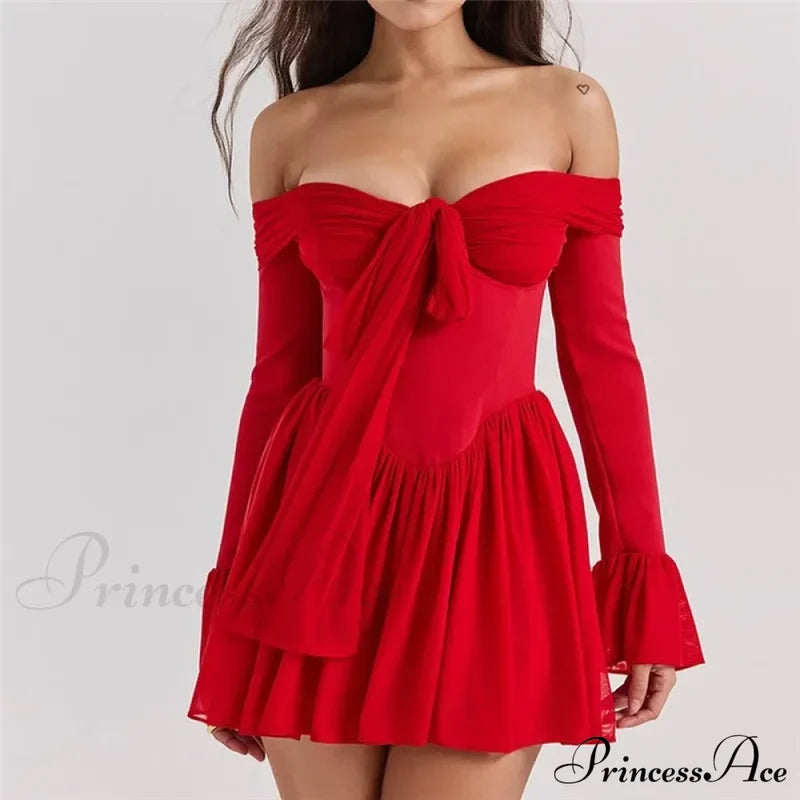 Red Off-Shoulder Stylish Frill Mini Dress