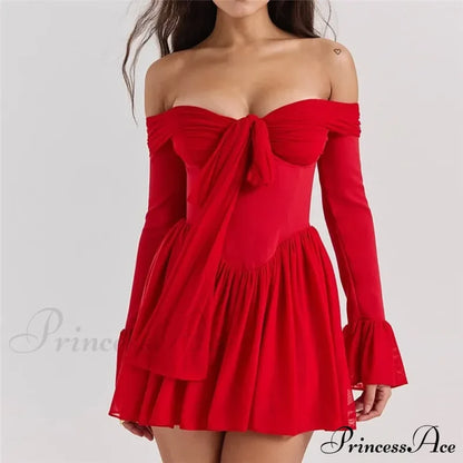 Red Off-Shoulder Stylish Frill Mini Dress