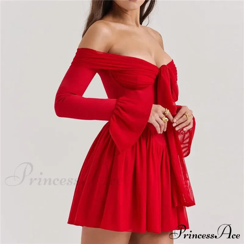 Red Off-Shoulder Stylish Frill Mini Dress