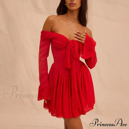 Red Off-Shoulder Stylish Frill Mini Dress