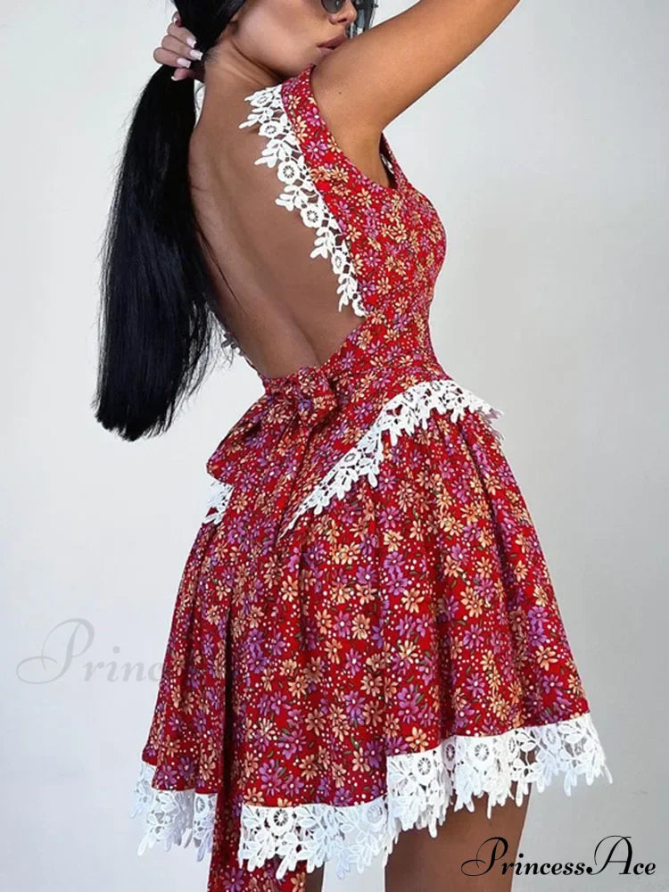 Red Printed Stylish Backless Mini Dress Print