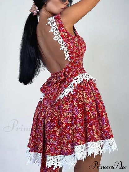 Red Printed Stylish Backless Mini Dress Print