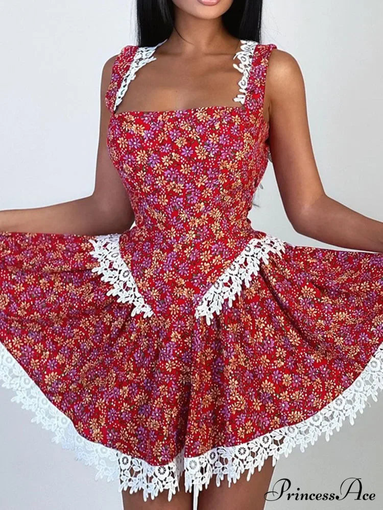 Red Printed Stylish Backless Mini Dress Print