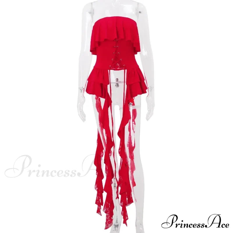 Red Ruffled Lace Charming Up Tube Top / L