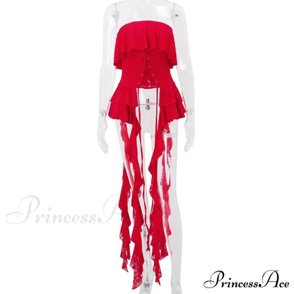 Red Ruffled Lace Charming Up Tube Top / L