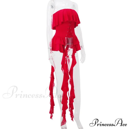 Red Ruffled Lace Charming Up Tube Top