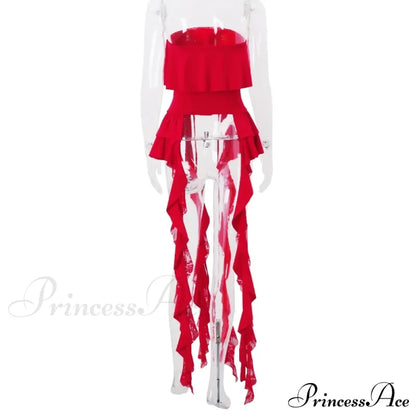 Red Ruffled Lace Charming Up Tube Top