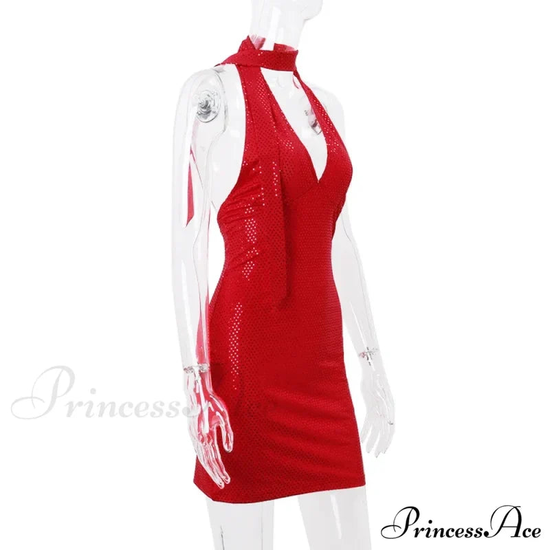 Red Sequin Deep V-Neck Graceful Halter Bandage Mini Dress