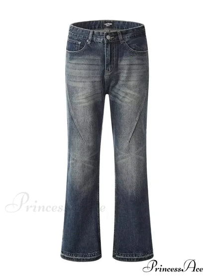 Retro Blue Slim Fit Micro Flare Spring And Autumn Loose Spliced Lines Drop Feel Trendy Jean