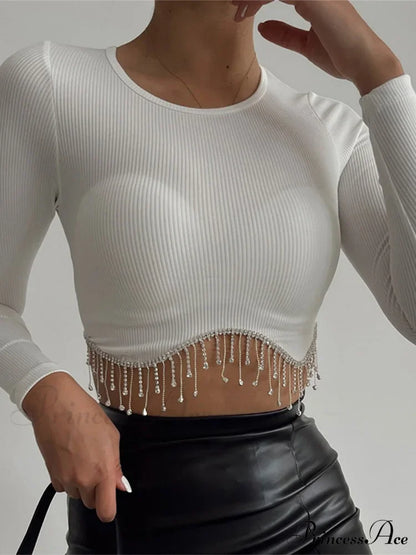 Rhinestone Tassel Crewneck Elegant Long Sleeve T-Shirt Crop Top