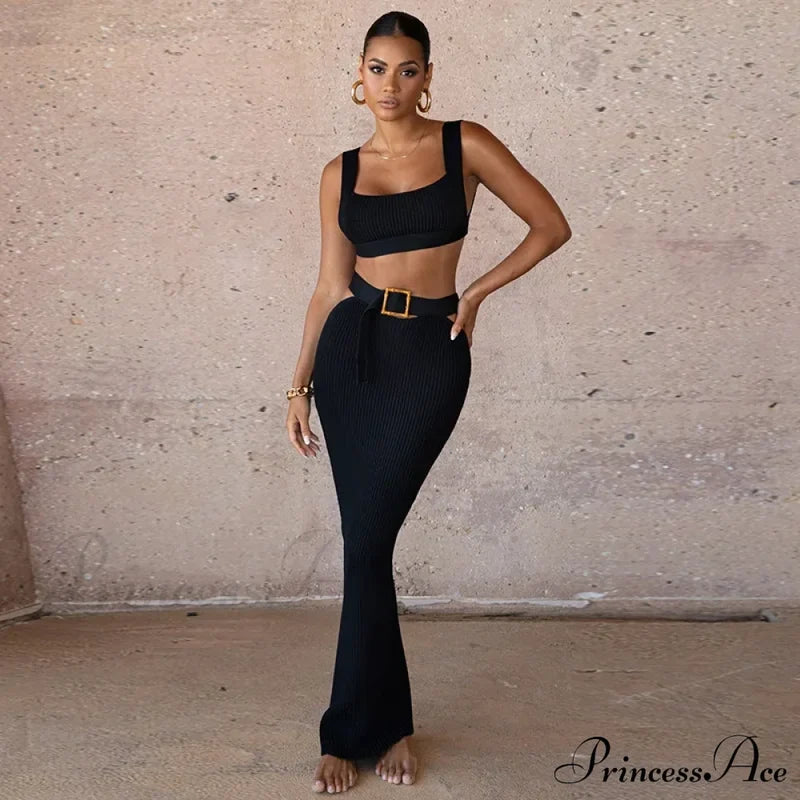Ribbed Backless Crop Top Maxi Dress Black / S