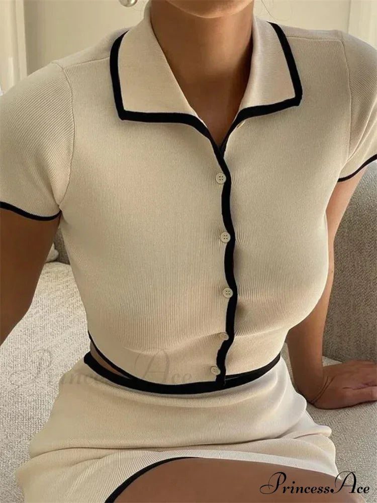 Ribbed Black Trim Beige Crop Trendy Top And Mini Skirt Set