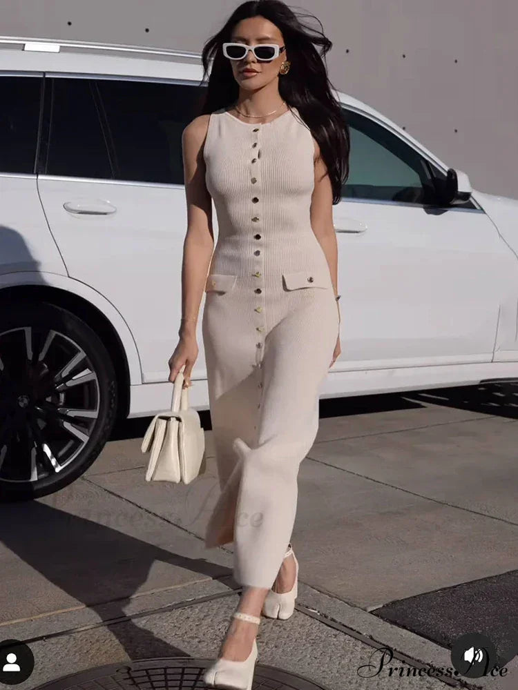 Ribbed Buttoned Stylish Midi Dress Solid Long