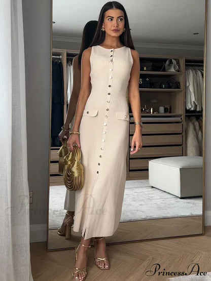 Ribbed Buttoned Stylish Midi Dress Solid Long