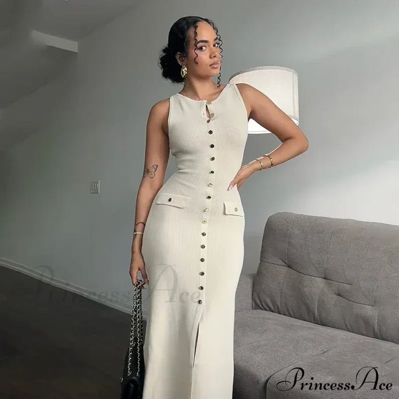 Ribbed Buttoned Stylish Midi Dress Solid Long