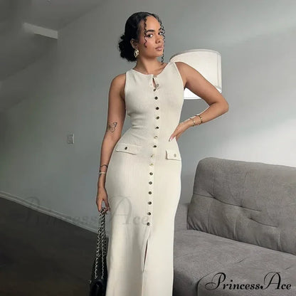 Ribbed Buttoned Stylish Midi Dress Solid Long