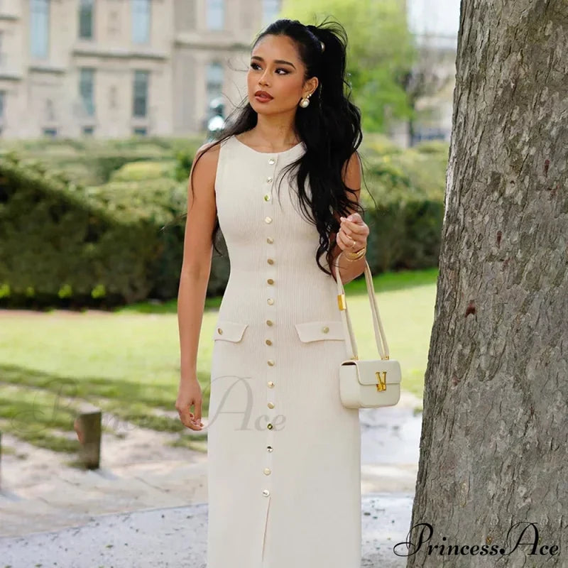 Ribbed Buttoned Stylish Midi Dress Solid Long
