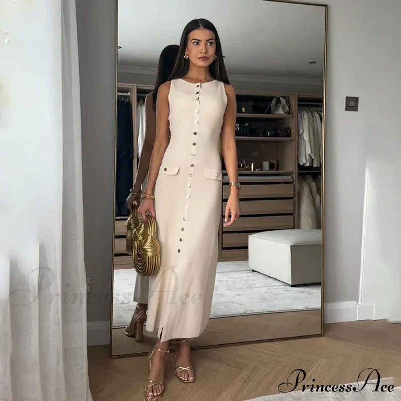 Ribbed Buttoned Stylish Midi Dress Solid Long
