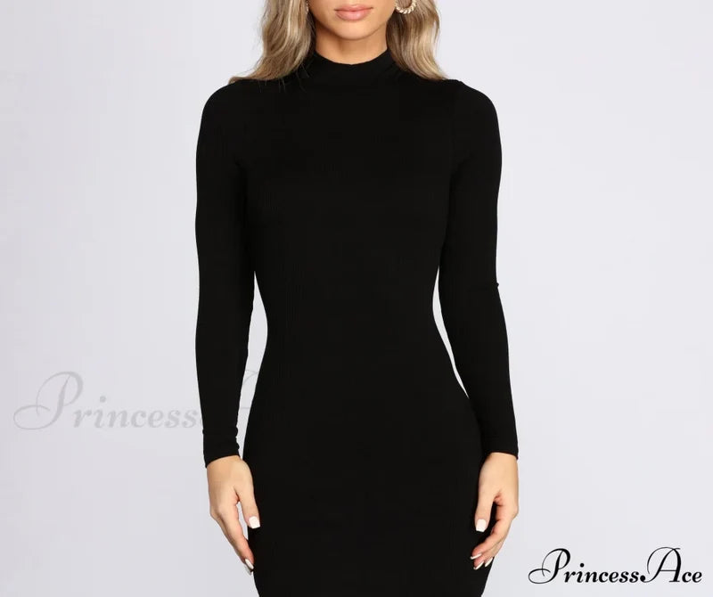Ribbed Knit Mock Charming Neck Mini Dress T-Shirts