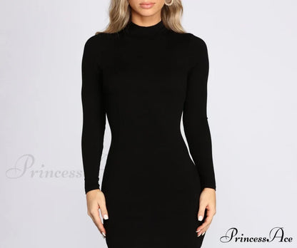 Ribbed Knit Mock Charming Neck Mini Dress T-Shirts