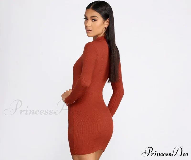 Ribbed Knit Mock Charming Neck Mini Dress T-Shirts