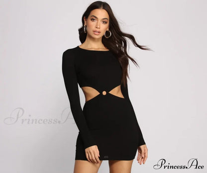 Ribbed Knit O-Ring Mini Dress - Lady Occasions